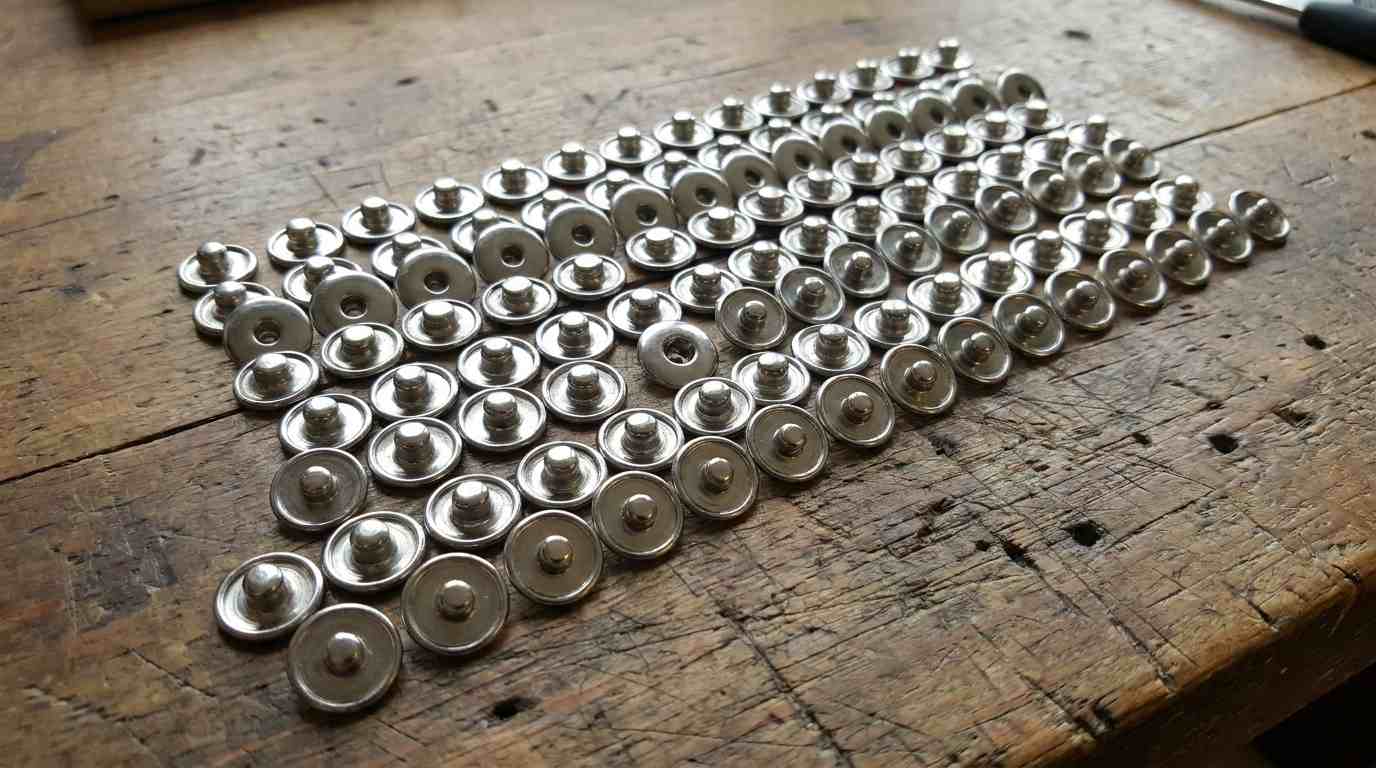 matte silver snap buttons, Matte silver snap buttons are neatly arranged in multiple rows on a rustic wooden surface.